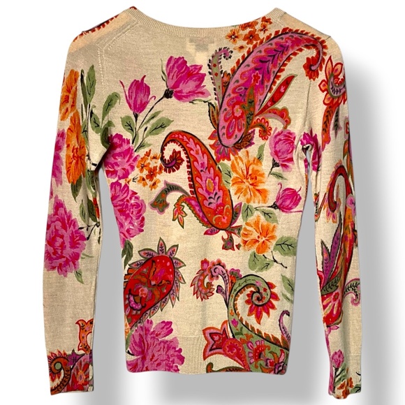TALBOTS 100% Merino Wool Finely Knit Long Sleeve V-Neck Sweater Paisley Print S - Picture 5 of 9